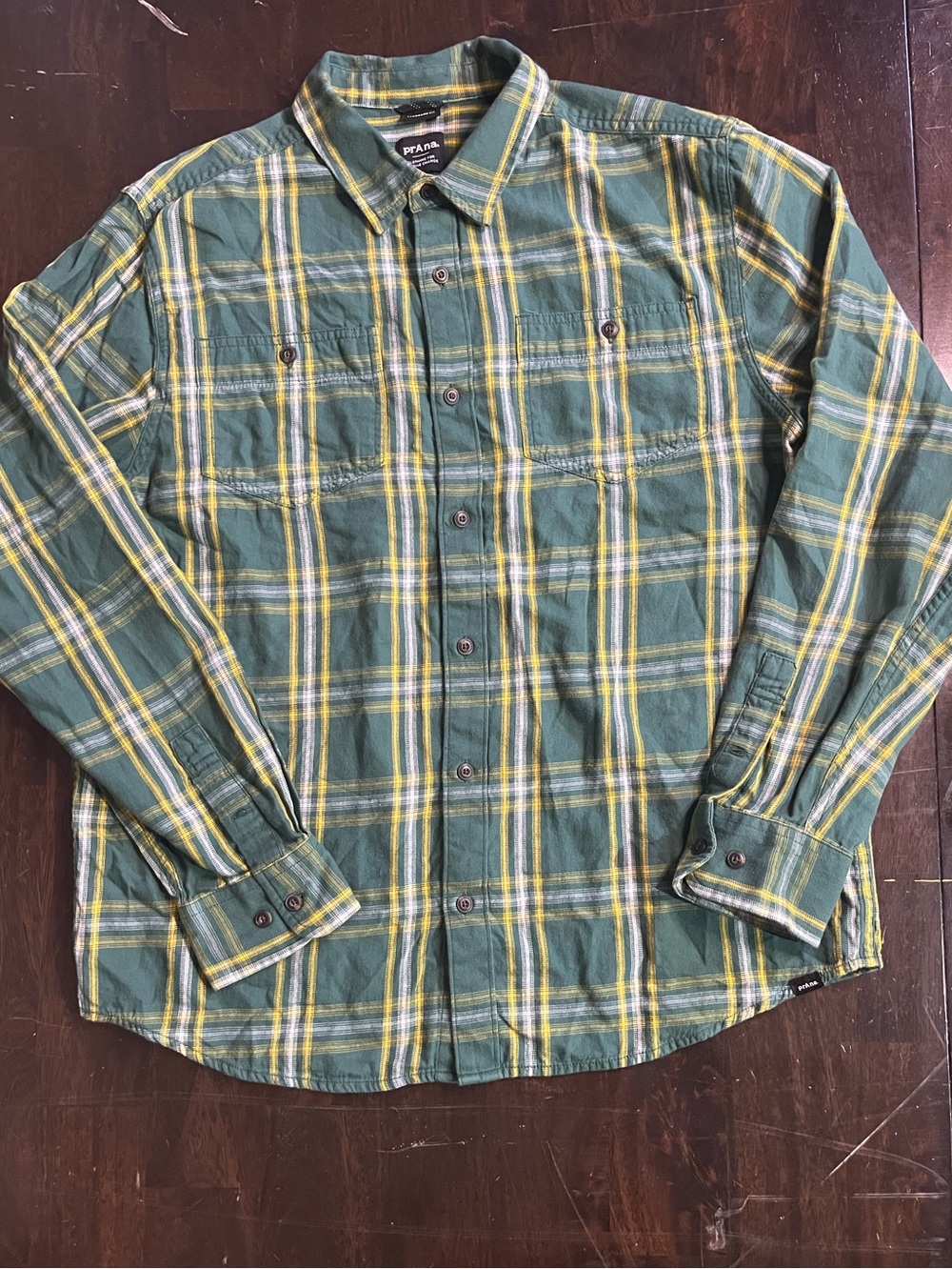 PrAna Standard Fit Flannel Buttondown Shirt, Green/Yellow Plaid, Sz M